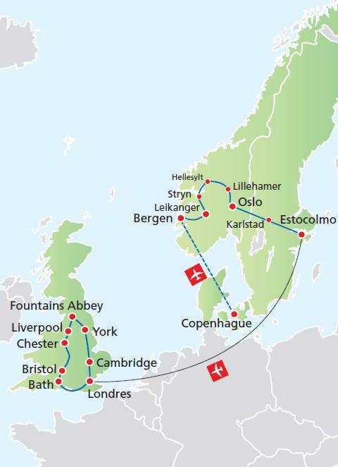 Circuito de 17 dias ESCANDINÁVIA + INGLATERRA E GALES, saídas sábados de Junho a Setembro