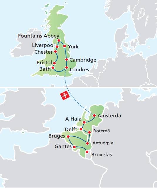 Circuito de 15 dias, Inglaterra e Gales com Países Baixos, em Junho e Agosto
