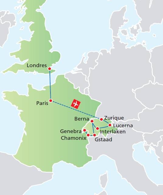 Circuito de 14 dias, Londres e Paris com toda Suiça, saídas de segundas de Junho a Setembro