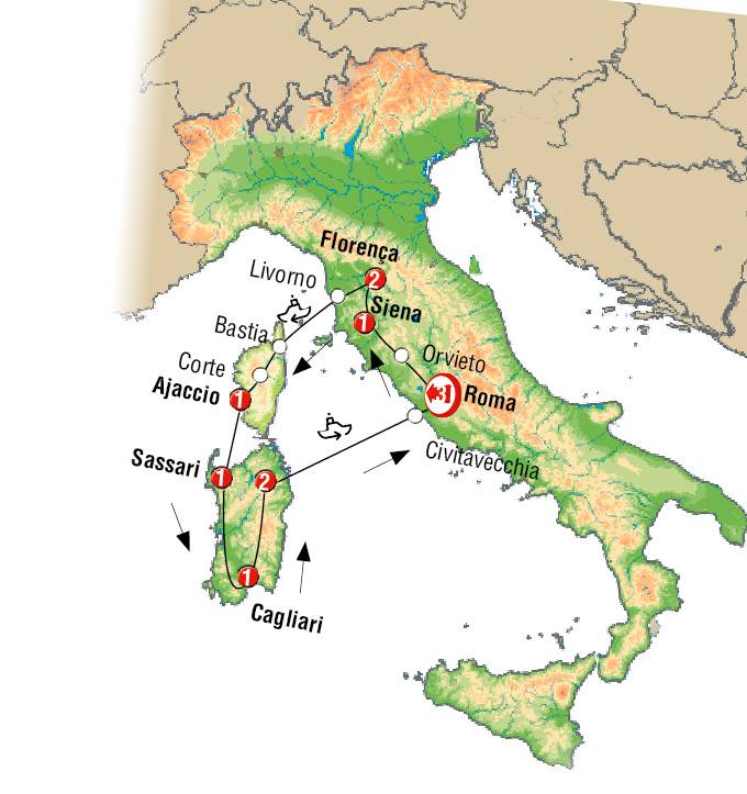 Circuito de 12 dias por Italia Toscana Corsega e Sardenha inicio em Roma