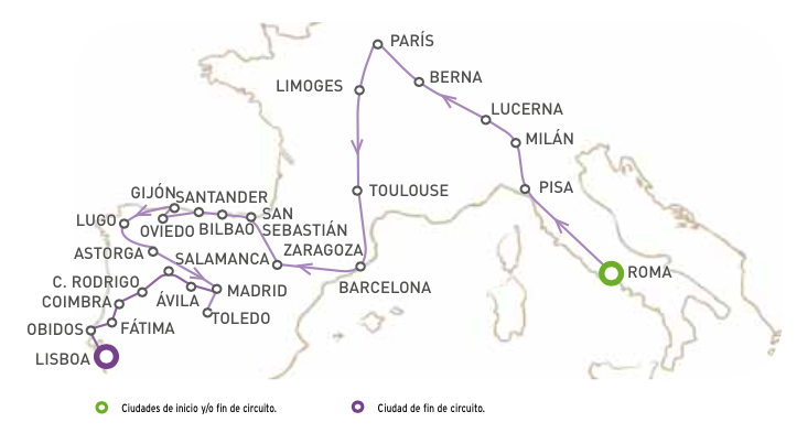 Gran circuito de 20 y 25 días en AUTOCAR, desde ROMA-PARIS-NORTE DE ESPAÑA-PORTUGAL(Posbl. culminar en MADRID y/o LISBOA