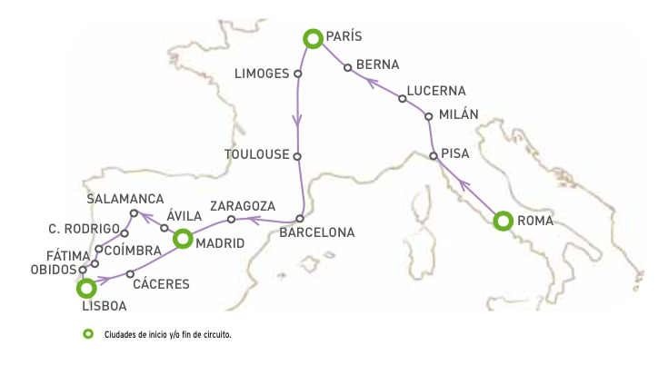 MARAVILLOSO circuito de ROMA-PARIS-MADRID-PORTUGAL de 18 dias, (posb. de culminar recorrido en MADRID POR 21 días)