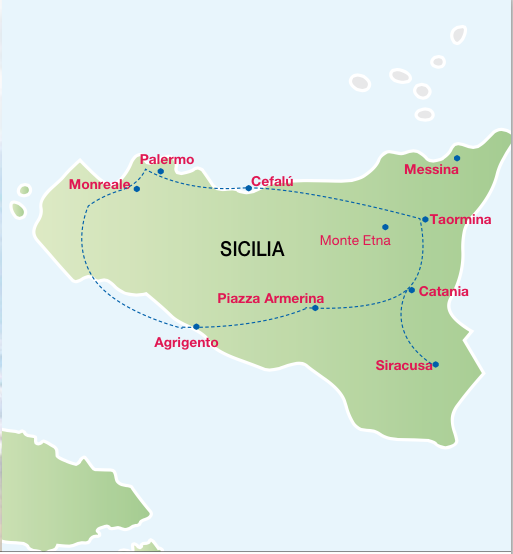 Gran Tour SICILIA BELLA, inicio y fin en CATANIA media pension 8 dias en AUTOCAR 