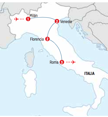 Circuito de 10 dias por ITALIA BELLA inicio en MILAN fin en ROMA recorrido en AUTOCAR