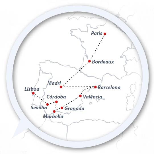 Circuito de 18 dias de ónibus EURO PENINSULAR de Lisboa a Paris, saídas quartas todo o ano