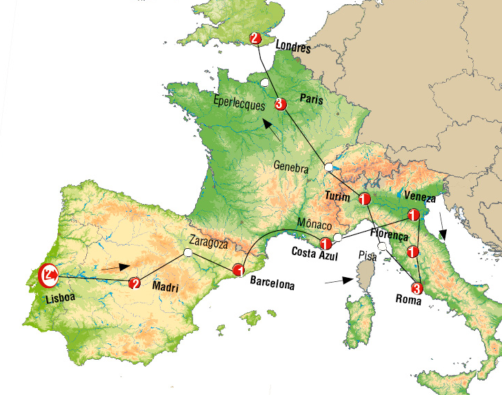 Portugal, Espanha, Italia, França, Londres