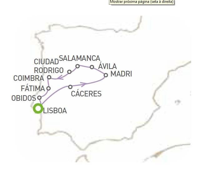 Circuito de 6 dias, Cáceres-Madri-Salamanca-Coimbra-Fátima, saídas Quartas de Fevereiro a Outubro